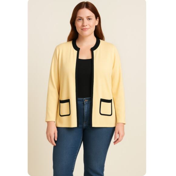 Exclusively Misook SZ M Open Front Cardigan Pockets Acorn Yellow-Black - Picture 1 of 6